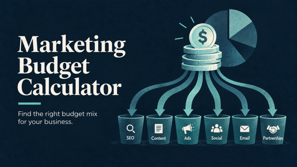 Marketing Budget Calculator showing a marketing budget being allocated across SEO, content, ads, social media, email, and partnerships.